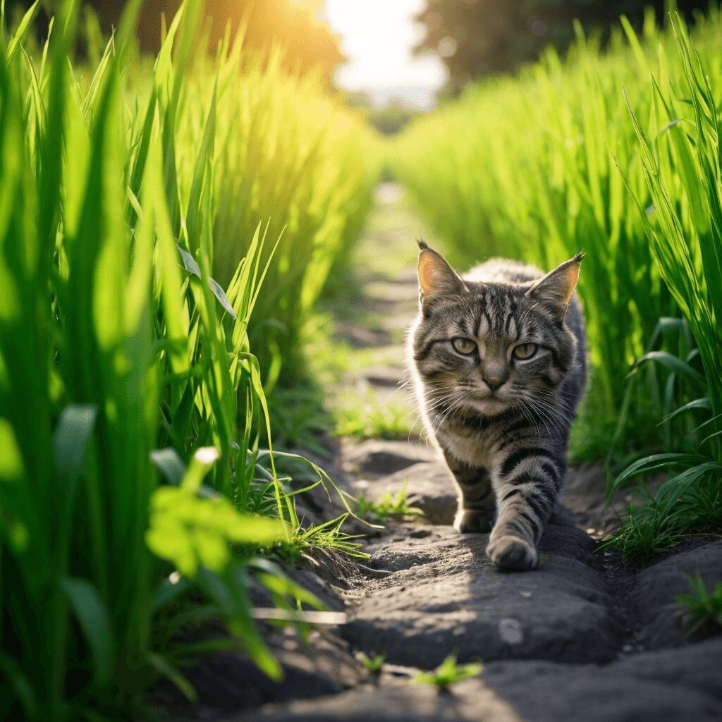 田んぼ道を歩く猫